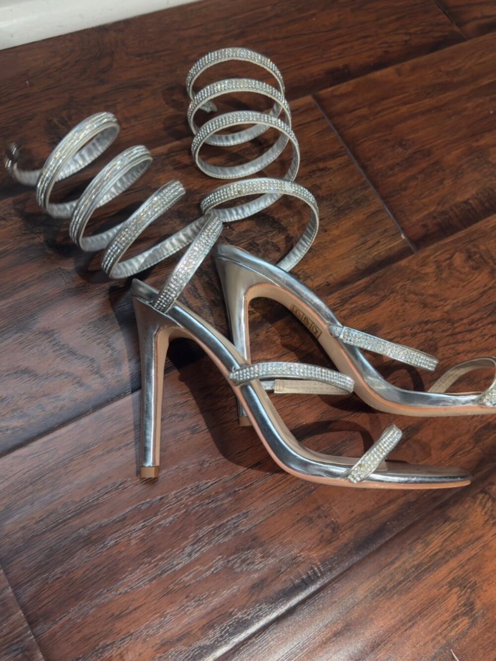 PrettyLittleThing Womens Silver Rhinestone Spiral Strap Heels Size 6 Stiletto